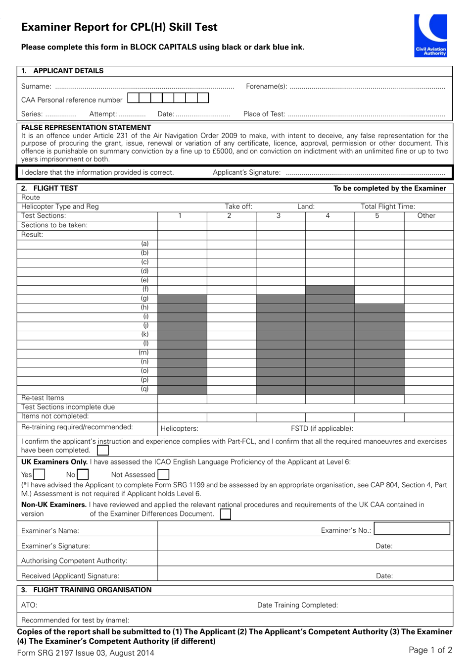 Form SRG2197 Examiner Report for Cpl(H) Skill Test - United Kingdom, Page 1