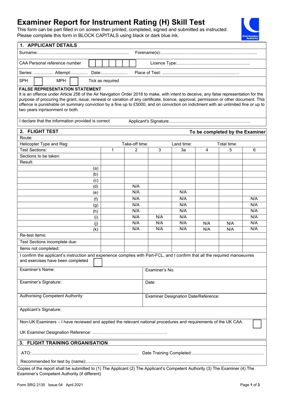 Form SRG2135 Examiner Report for Instrument Rating (H) Skill Test - United Kingdom, Page 1