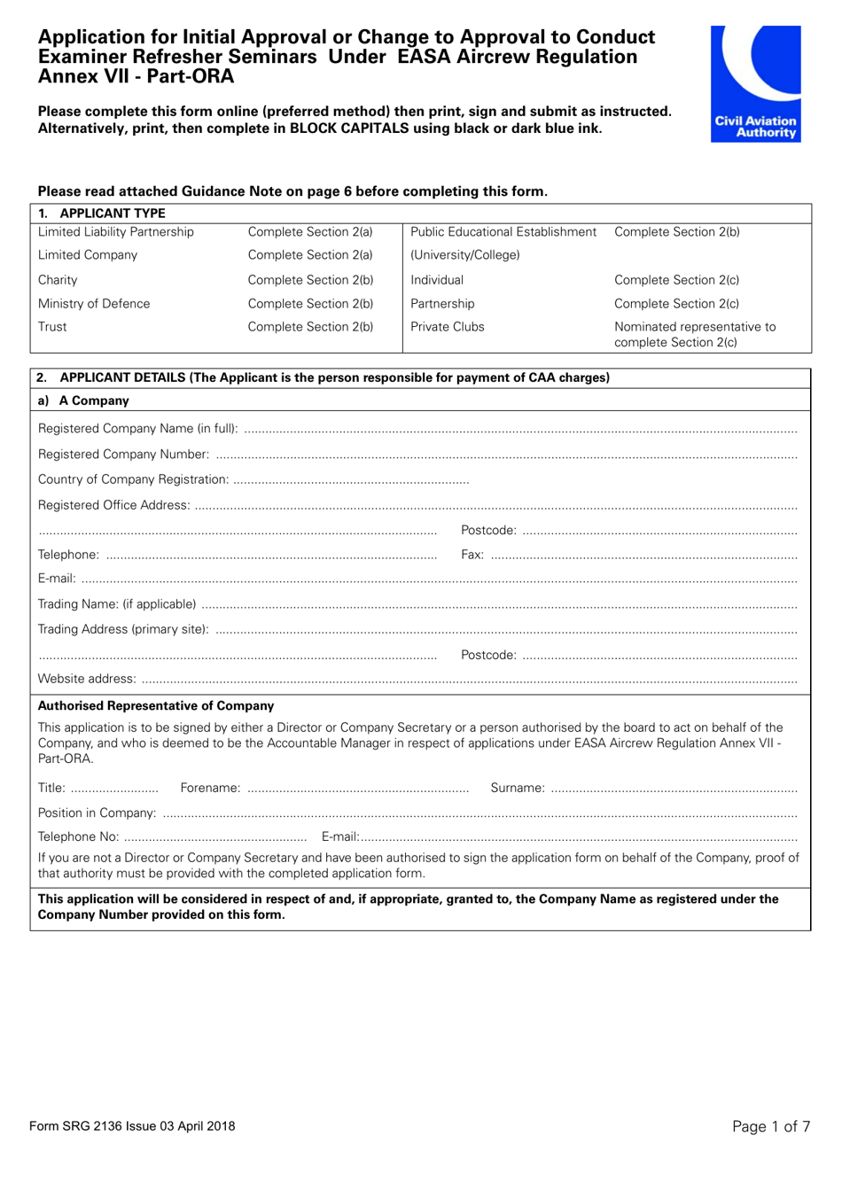 Form SRG2136 Application for Initial Approval or Change to Approval to Conduct Examiner Refresher Seminars Under Easa Aircrew Regulation Annex VII - Part-Ora - United Kingdom, Page 1