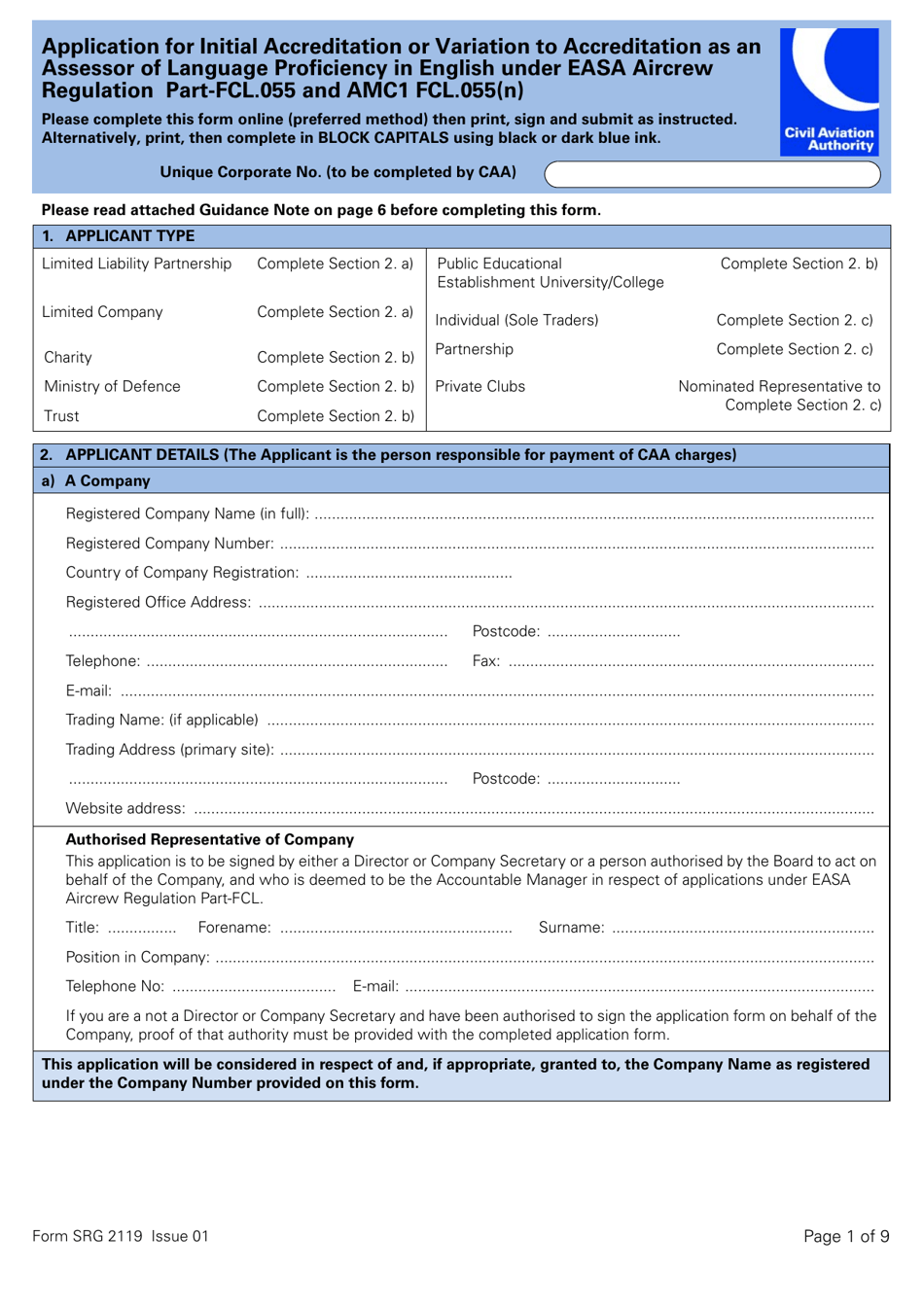 Form SRG2119 Application for Initial Accreditation or Variation to Accreditation as an Assessor of Language Proficiency in English Under Easa Aircrew Regulation Part-Fcl.055 and Amc1 Fcl.055(N) - United Kingdom, Page 1