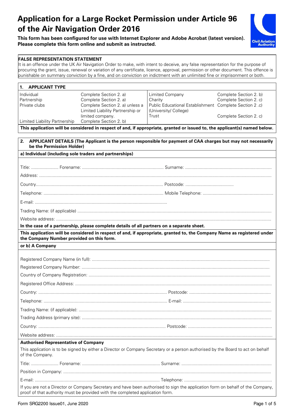 Form SRG2200 Application for a Large Rocket Permission Under Article 96 of the Air Navigation Order 2016 - United Kingdom, Page 1