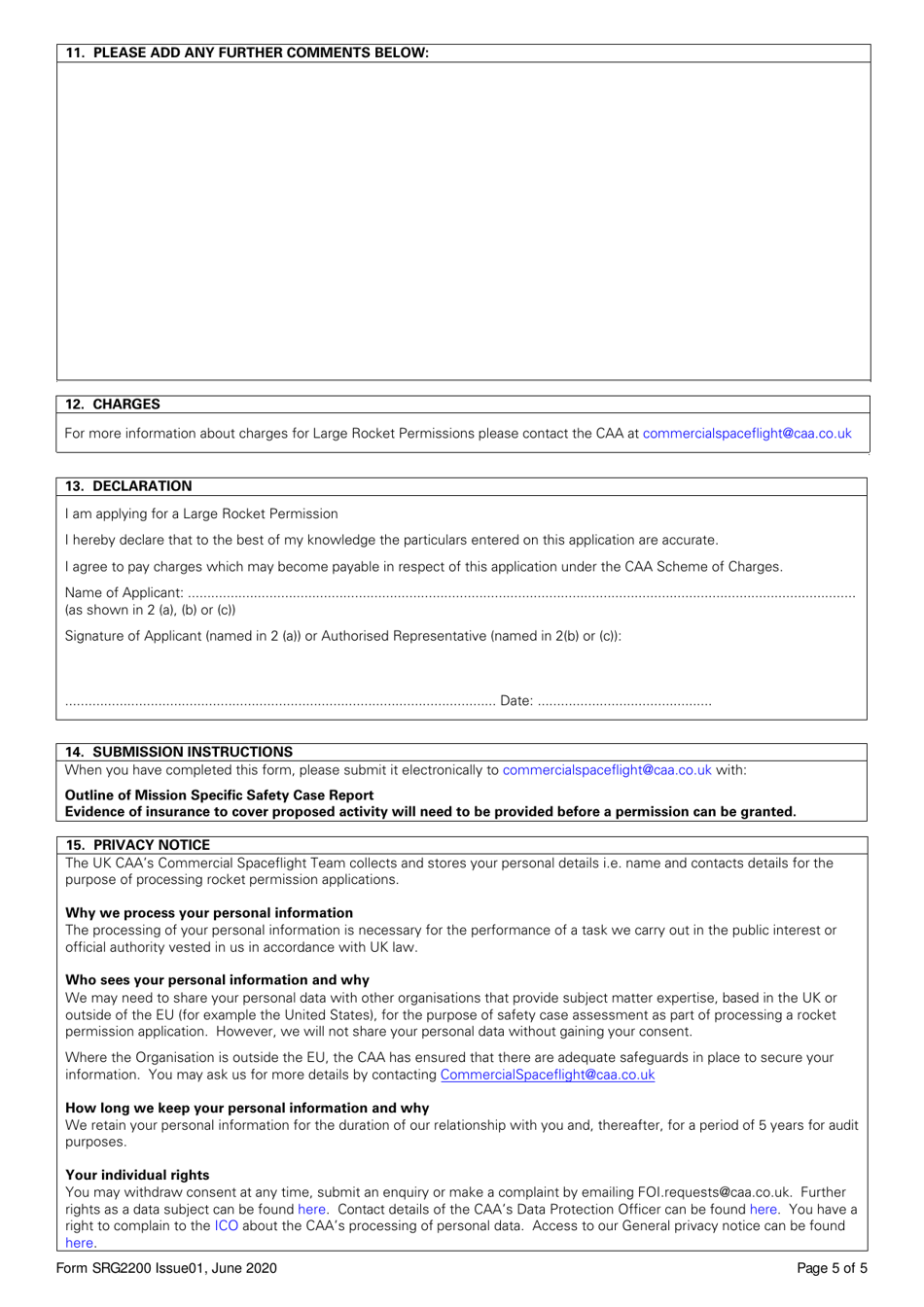 Form SRG2200 Application for a Large Rocket Permission Under Article 96 of the Air Navigation Order 2016 - United Kingdom, Page 5