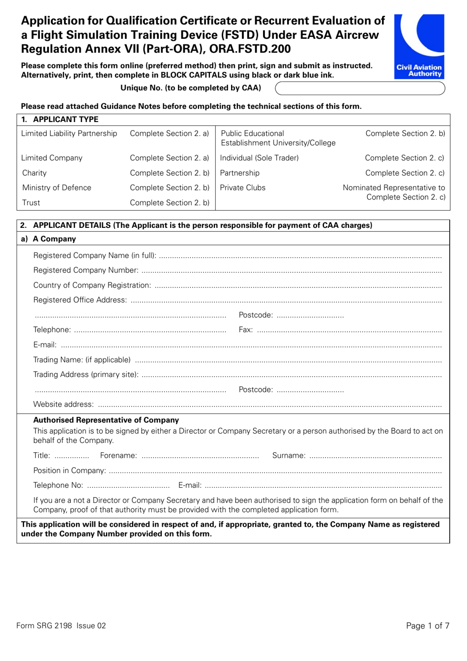 Form SRG2198 Application for Qualification Certificate or Recurrent Evaluation of a Flight Simulation Training Device (Fstd) Under Easa Aircrew Regulation Annex VII (Part-Ora), Ora.fstd.200 - United Kingdom, Page 1