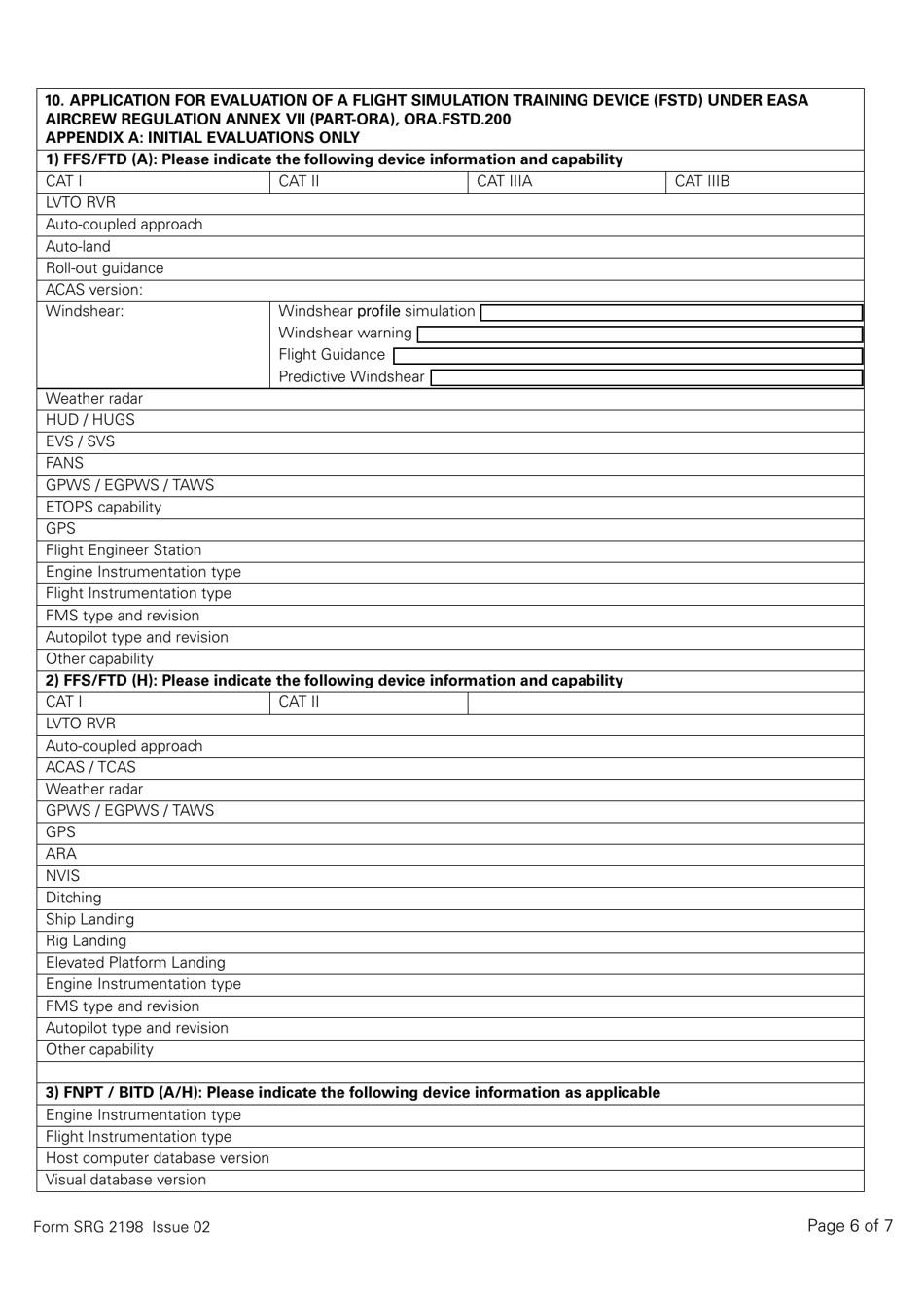 Form SRG2198 Application for Qualification Certificate or Recurrent Evaluation of a Flight Simulation Training Device (Fstd) Under Easa Aircrew Regulation Annex VII (Part-Ora), Ora.fstd.200 - United Kingdom, Page 6