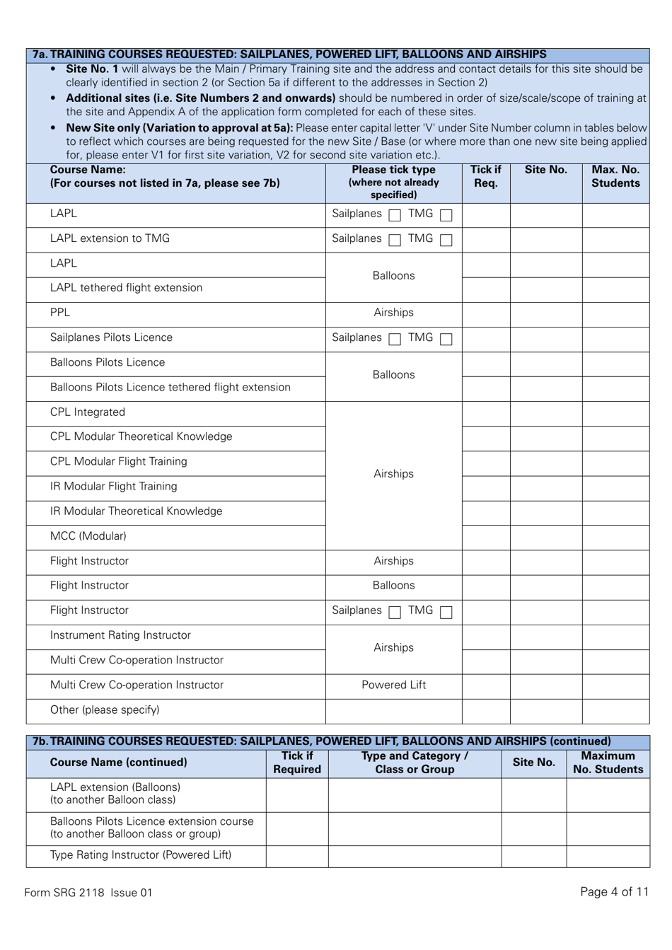 Form SRG2118 Application for Approval of Training Organisations and Change to Course Approvals for: Sailplanes, Powered Lift, Balloons and Airships Under Easa Aircrew Regulation Annex VII - Part-Ora - United Kingdom, Page 4