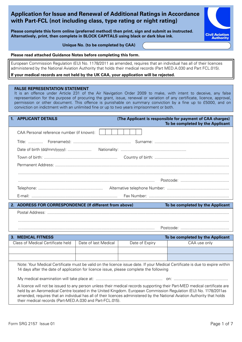 Form SRG2157 Application for Issue and Renewal of Additional Ratings in Accordance With Part-Fcl (Not Including Class, Type Rating or Night Rating) - United Kingdom, Page 1