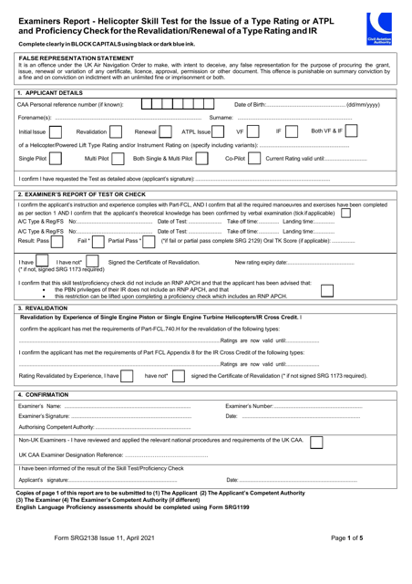 Form SRG2138 Examiners Report - Helicopter Skill Test for the Issue of a Type Rating or Atpl and Proficiencycheckfortherevalidation/Renewal of a Type Rating and Ir - United Kingdom