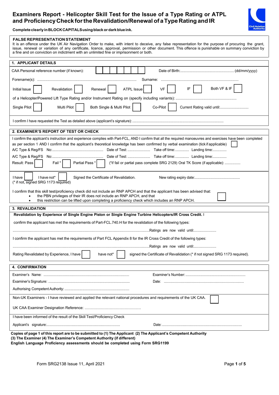 Form SRG2138 Examiners Report - Helicopter Skill Test for the Issue of a Type Rating or Atpl and Proficiencycheckfortherevalidation / Renewal of a Type Rating and Ir - United Kingdom, Page 1