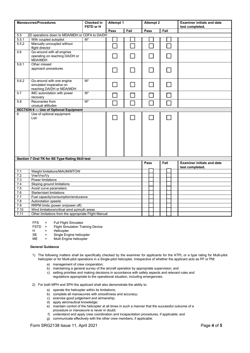 Form SRG2138 Examiners Report - Helicopter Skill Test for the Issue of a Type Rating or Atpl and Proficiencycheckfortherevalidation / Renewal of a Type Rating and Ir - United Kingdom, Page 4
