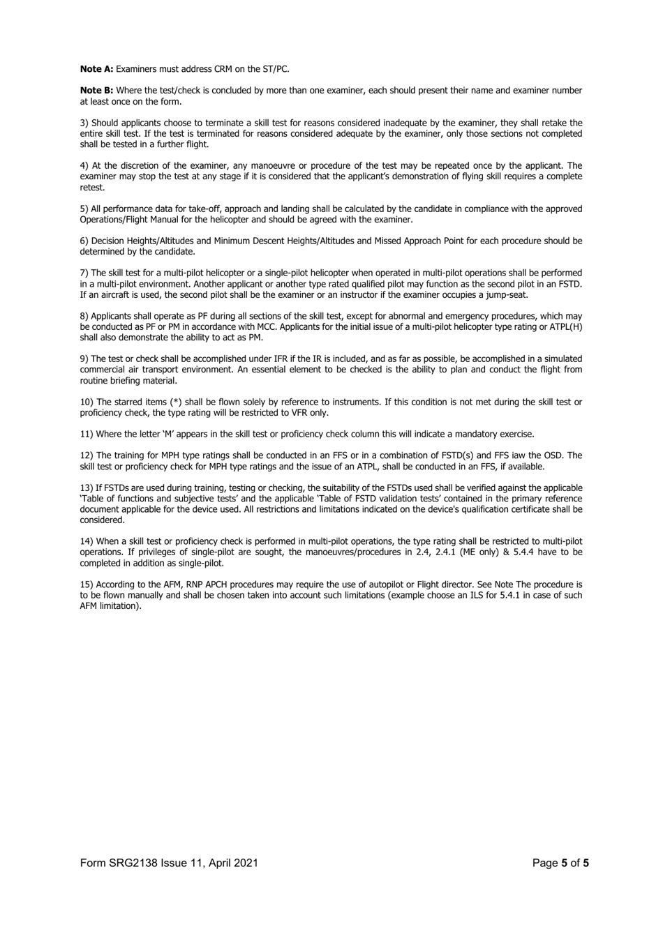 Form SRG2138 Examiners Report - Helicopter Skill Test for the Issue of a Type Rating or Atpl and Proficiencycheckfortherevalidation / Renewal of a Type Rating and Ir - United Kingdom, Page 5