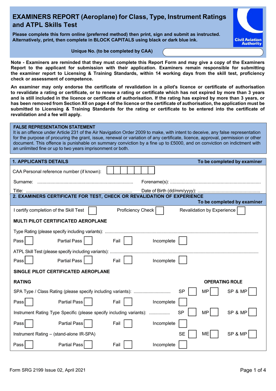 Form SRG2199 Examiners Report (Aeroplane) for Class, Type, Instrument Ratings and Atpl Skills Test - United Kingdom, Page 1