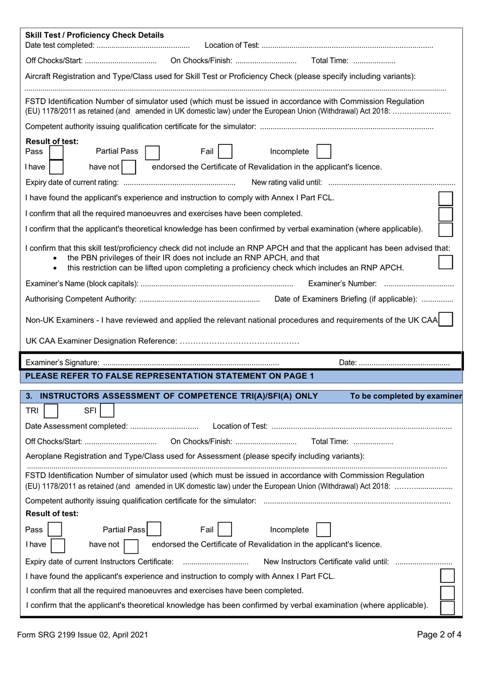 Form SRG2199 Examiners Report (Aeroplane) for Class, Type, Instrument Ratings and Atpl Skills Test - United Kingdom, Page 2