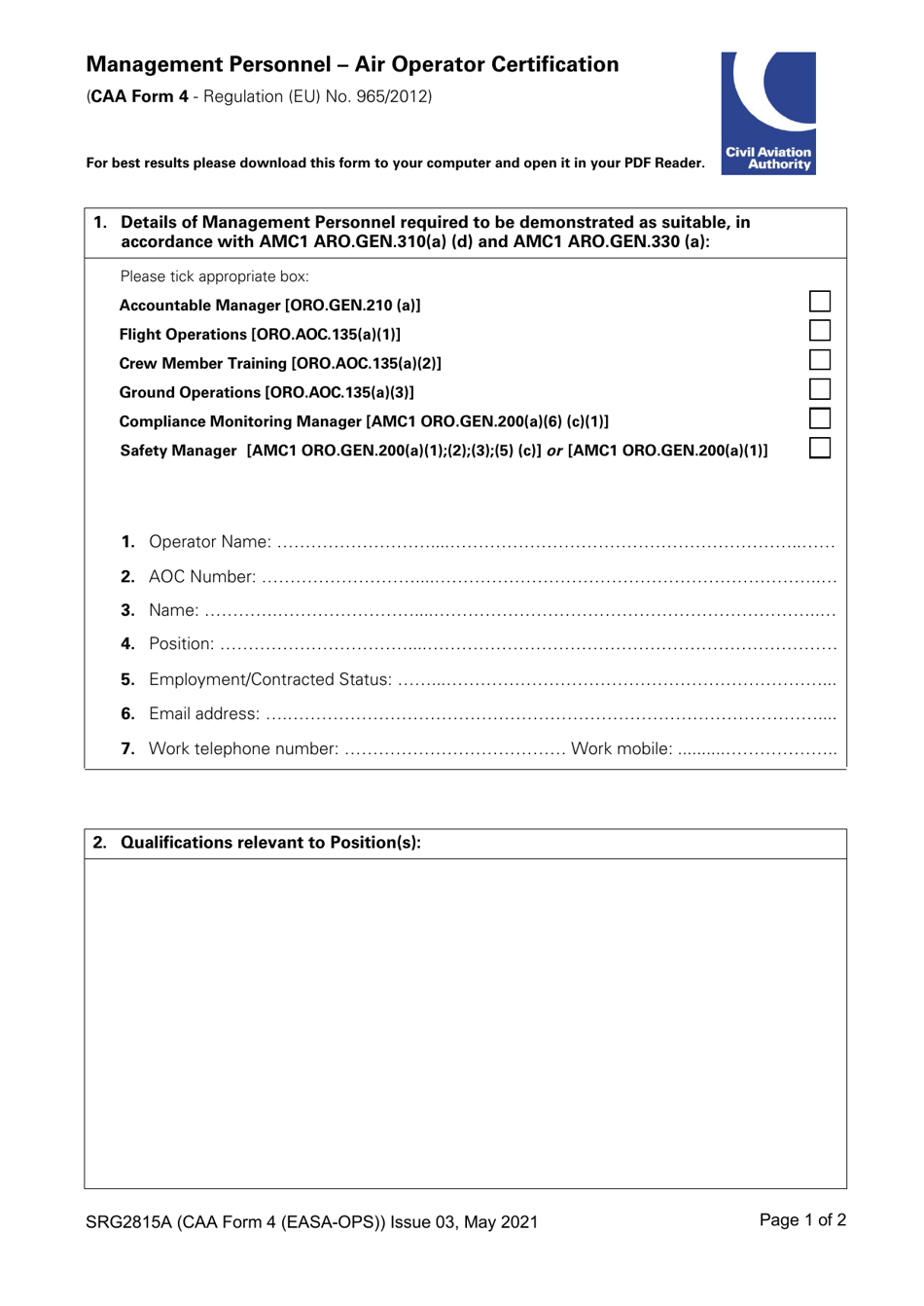 CAA Form 4 (EASA-OPS) (SRG2815A) Management Personnel - Air Operator Certification - United Kingdom, Page 1