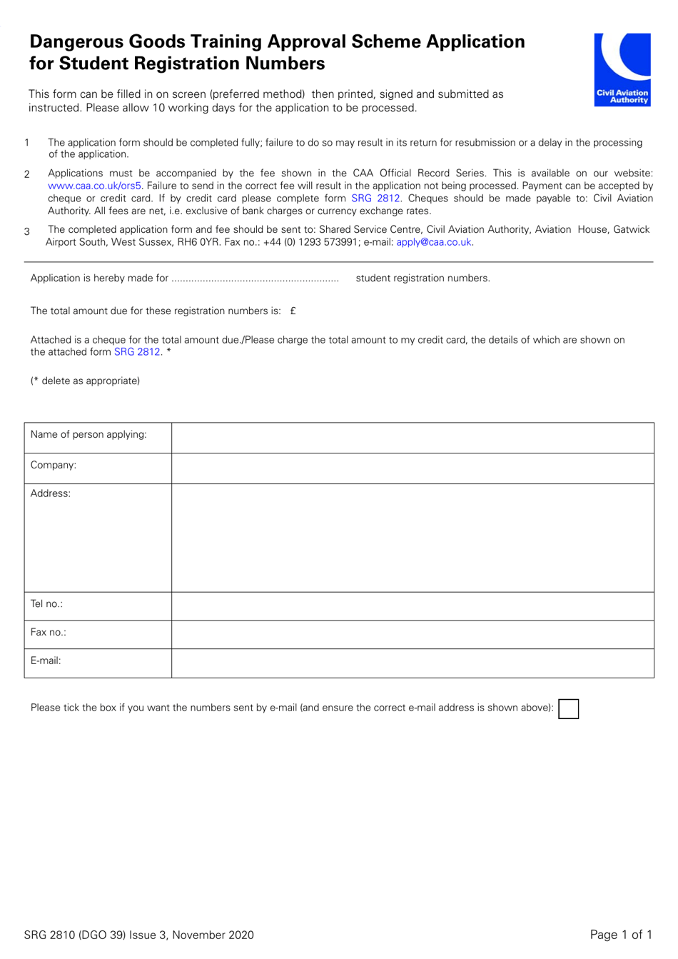 Form SRG2810 (DGO39) Dangerous Goods Training Approval Scheme Application for Student Registration Numbers - United Kingdom, Page 1
