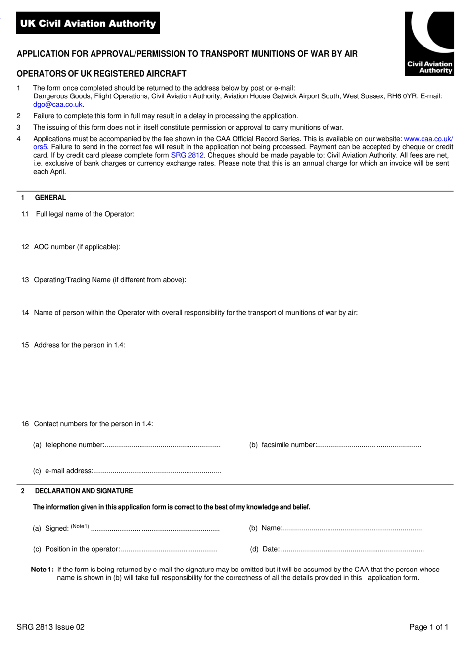 Form SRG2813 Application for Approval / Permission to Transport Munitions of War by Air Operators of UK Registered Aircraft - United Kingdom, Page 1