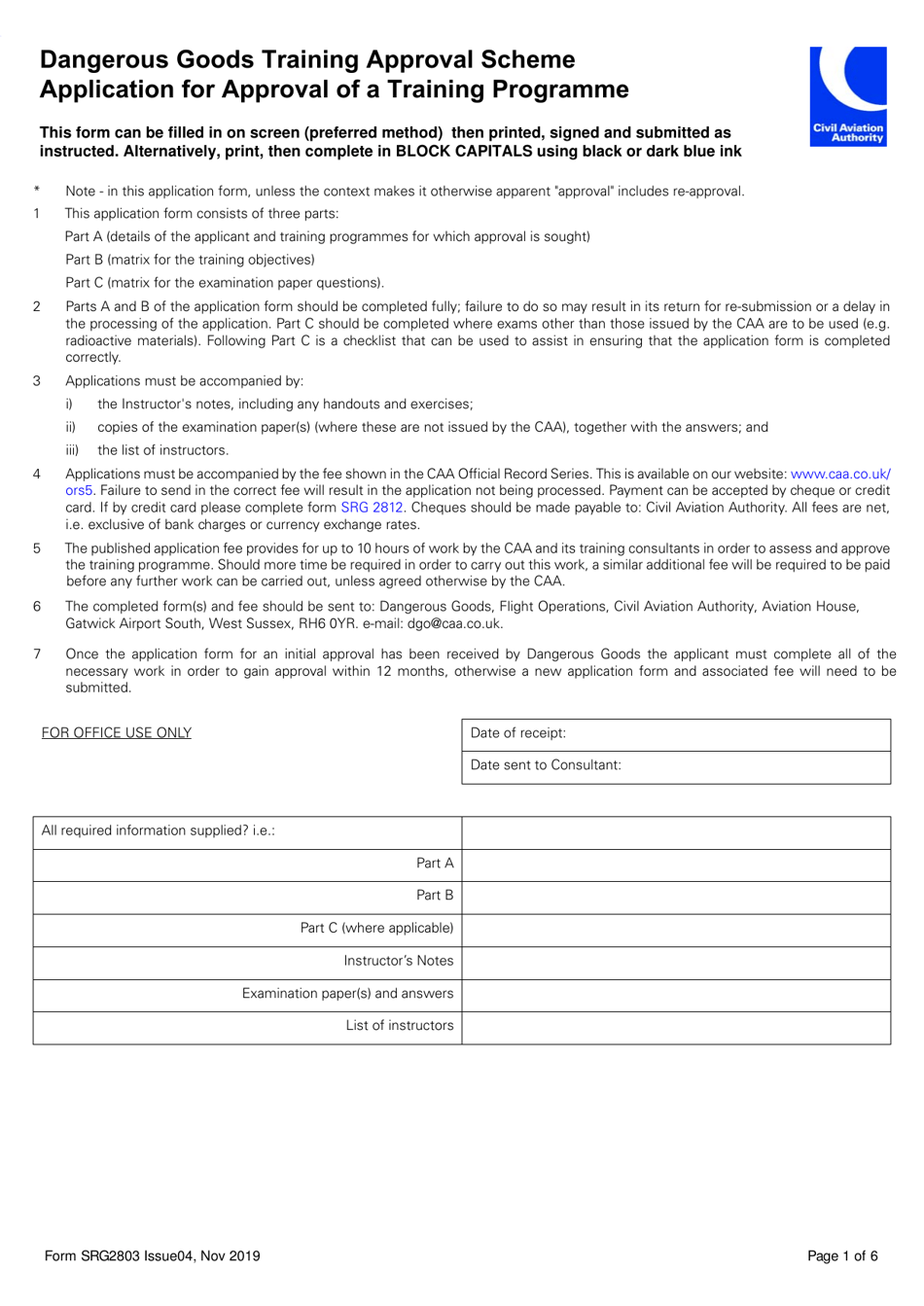 Form SRG2803 Dangerous Goods Training Approval Scheme Application for Approval of a Training Programme - United Kingdom, Page 1