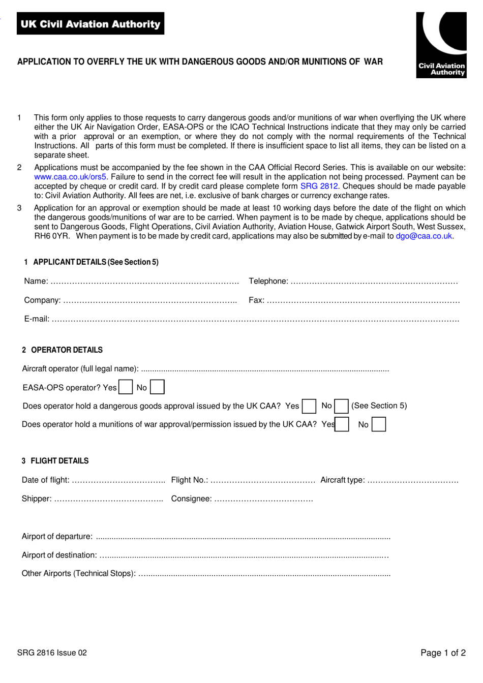 Form SRG2816 Application to Overfly the UK With Dangerous Goods and / or Munitions of War - United Kingdom, Page 1