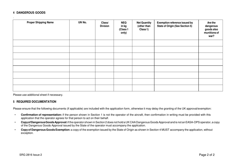 Form SRG2816 Application to Overfly the UK With Dangerous Goods and / or Munitions of War - United Kingdom, Page 2