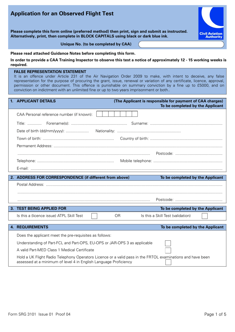 Form SRG3101 Application for an Observed Flight Test - United Kingdom, Page 1