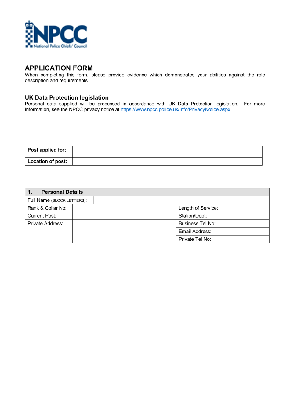 Executive Assistant (Secondment) Application Form - United Kingdom, Page 1