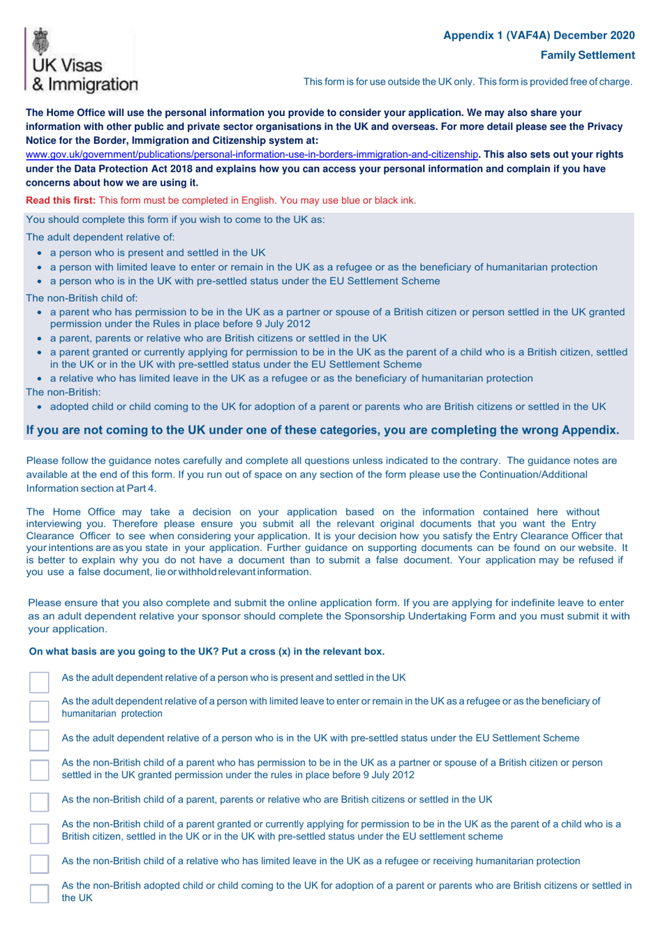 Form VAF4A Appendix 1 Family Settlement - United Kingdom, Page 1