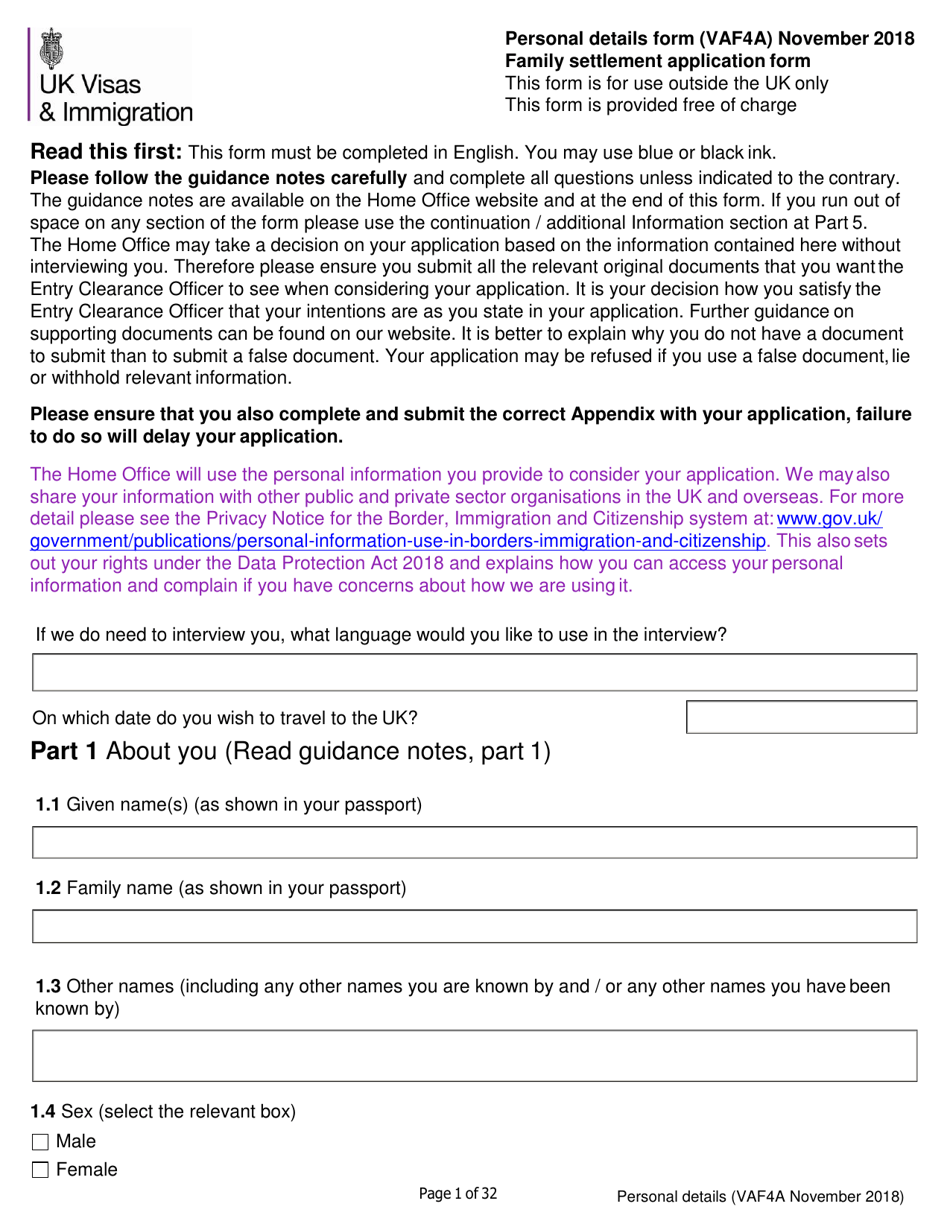 Form VAF4A Family Settlement Application Form - United Kingdom, Page 1