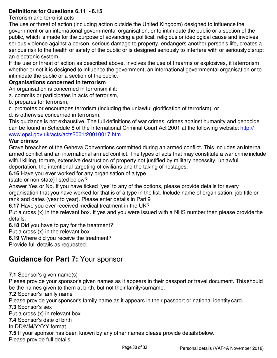 Form VAF4A Family Settlement Application Form - United Kingdom, Page 30