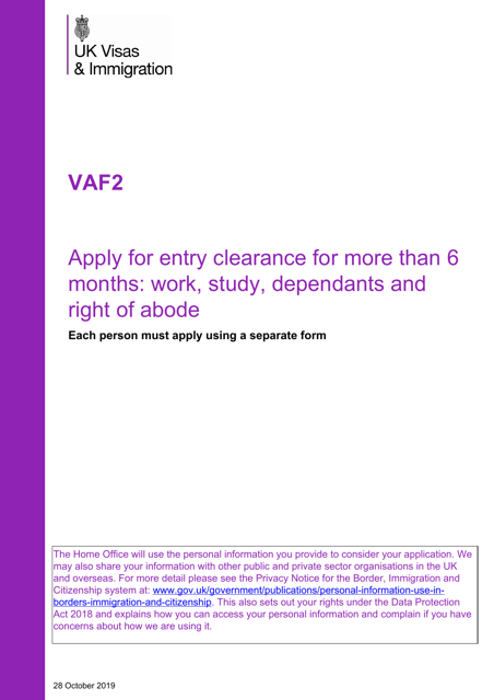 Form VAF2 Apply for Entry Clearance for More Than 6 Months: Work, Study, Dependants and Right of Abode - United Kingdom