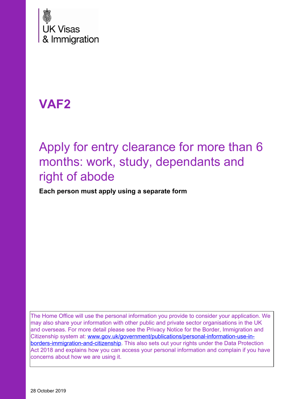 Form VAF2 Apply for Entry Clearance for More Than 6 Months: Work, Study, Dependants and Right of Abode - United Kingdom, Page 1