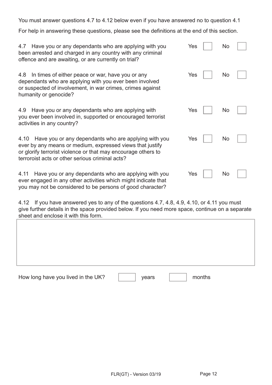 Form FLR(GT) Application for Further Leave to Remain for Grenfell Tower Survivors Granted Limited Leave Outside the Immigration Rules, and a Biometric Immigration Document - United Kingdom, Page 12