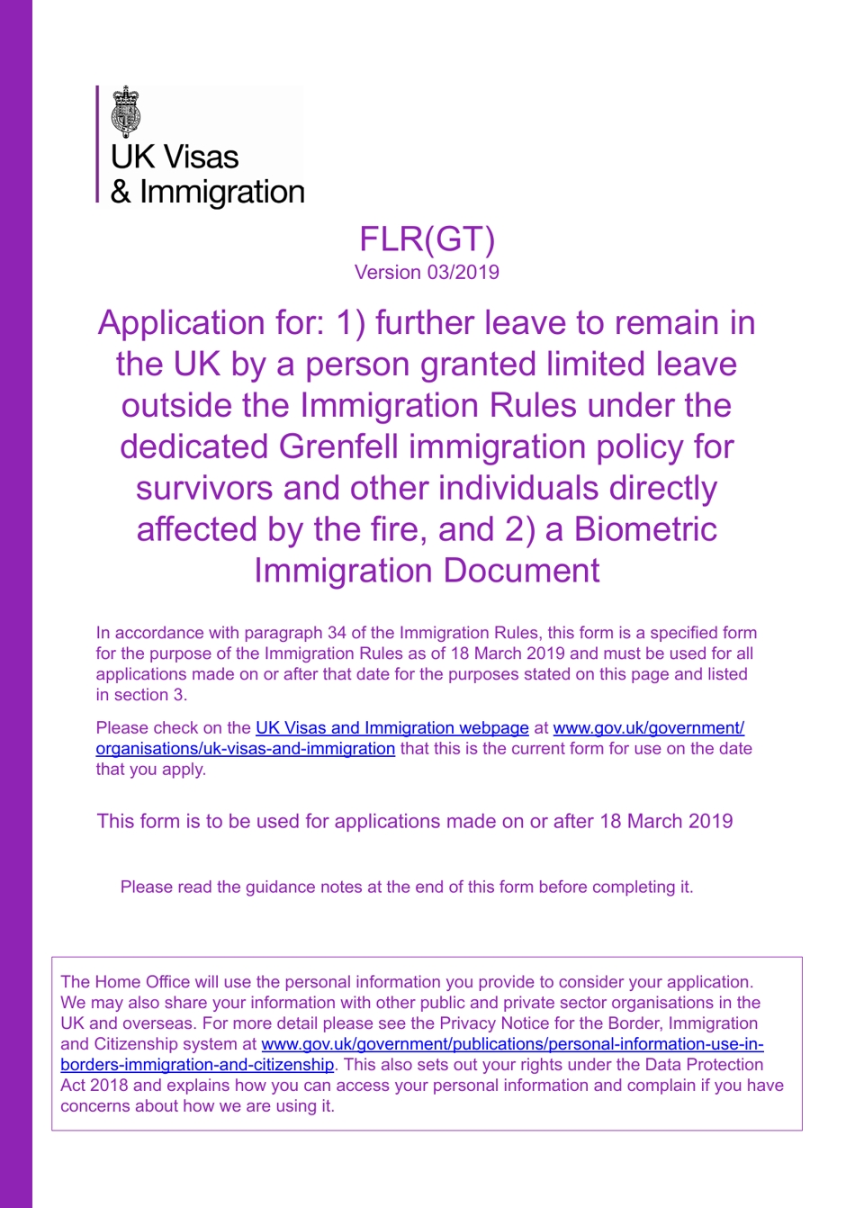 Form FLR(GT) Application for Further Leave to Remain for Grenfell Tower Survivors Granted Limited Leave Outside the Immigration Rules, and a Biometric Immigration Document - United Kingdom, Page 1