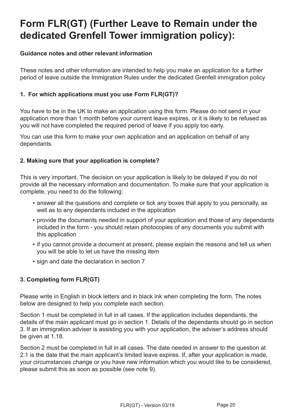 Form FLR(GT) Application for Further Leave to Remain for Grenfell Tower Survivors Granted Limited Leave Outside the Immigration Rules, and a Biometric Immigration Document - United Kingdom, Page 20