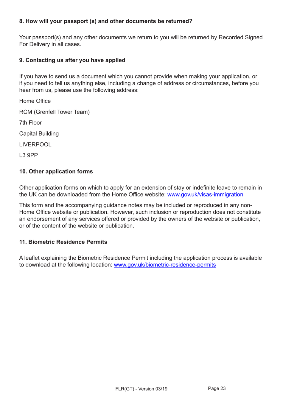 Form FLR(GT) Application for Further Leave to Remain for Grenfell Tower Survivors Granted Limited Leave Outside the Immigration Rules, and a Biometric Immigration Document - United Kingdom, Page 23