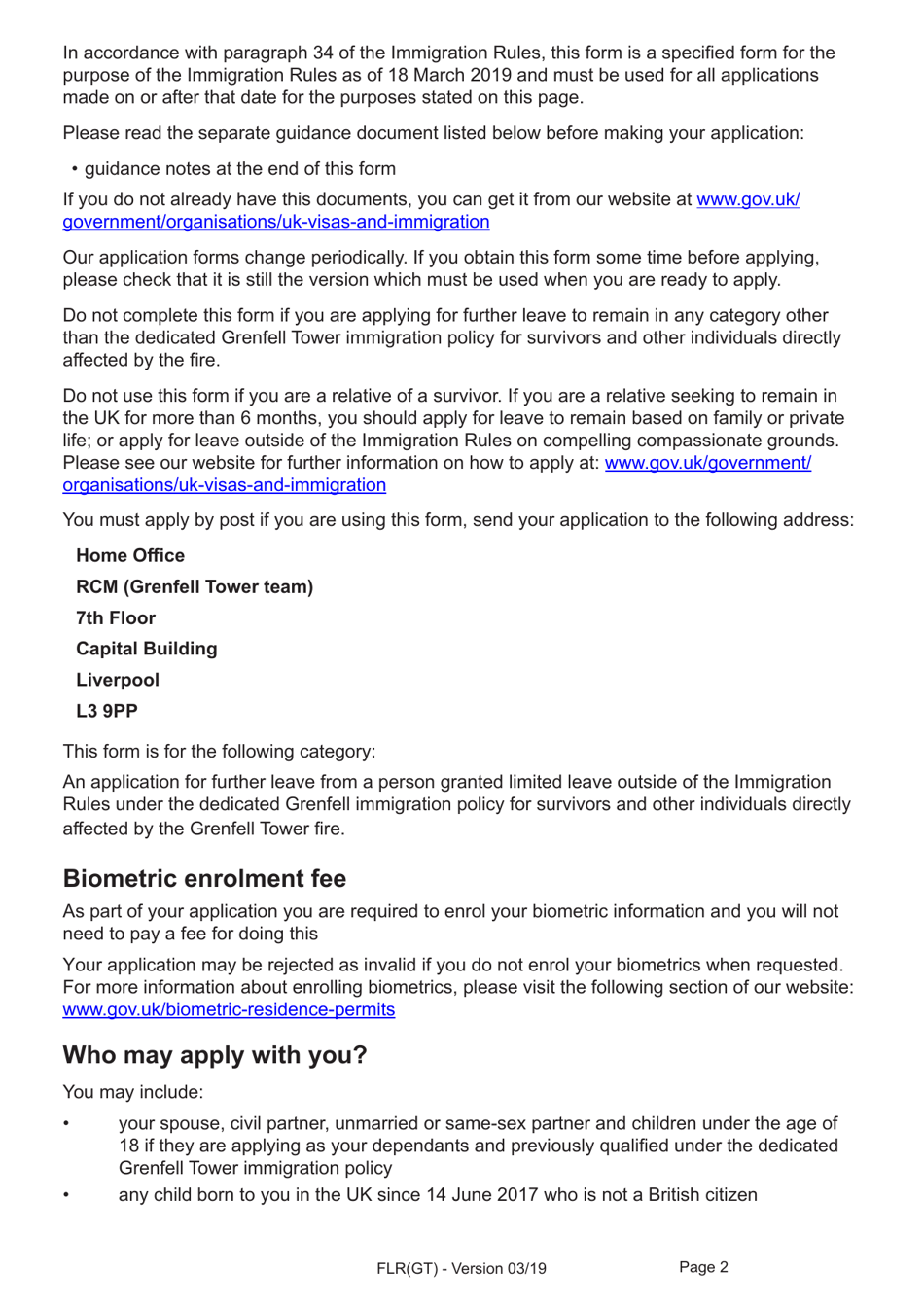 Form FLR(GT) Application for Further Leave to Remain for Grenfell Tower Survivors Granted Limited Leave Outside the Immigration Rules, and a Biometric Immigration Document - United Kingdom, Page 2