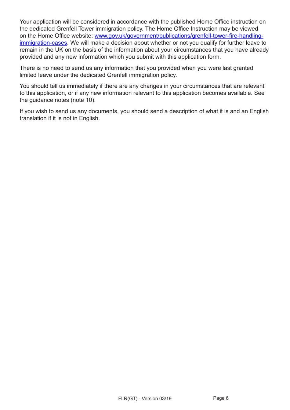 Form FLR(GT) Application for Further Leave to Remain for Grenfell Tower Survivors Granted Limited Leave Outside the Immigration Rules, and a Biometric Immigration Document - United Kingdom, Page 6
