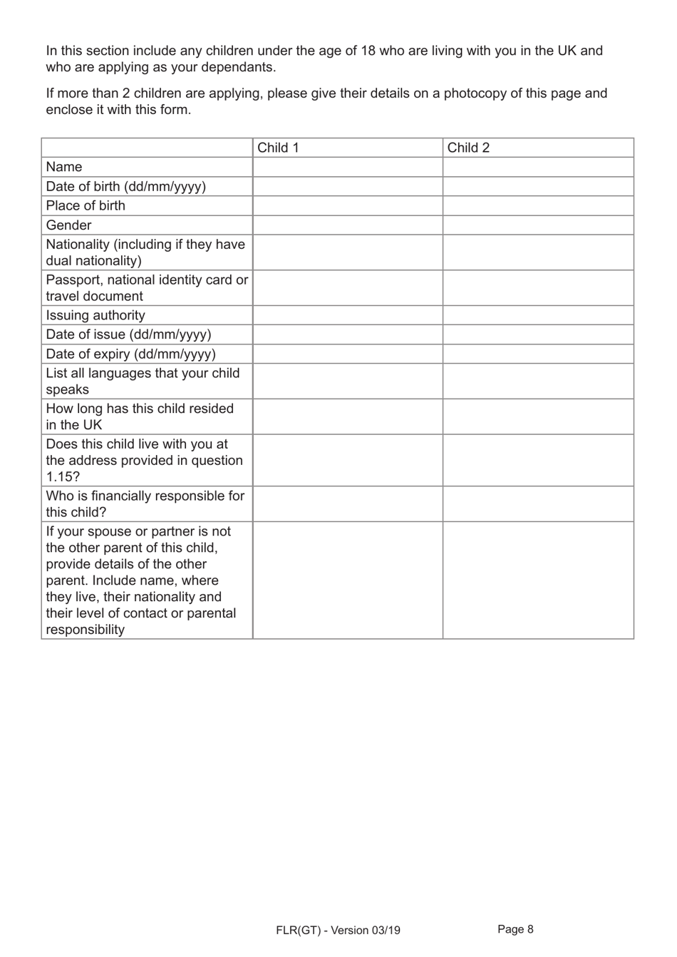 Form FLR(GT) Application for Further Leave to Remain for Grenfell Tower Survivors Granted Limited Leave Outside the Immigration Rules, and a Biometric Immigration Document - United Kingdom, Page 8