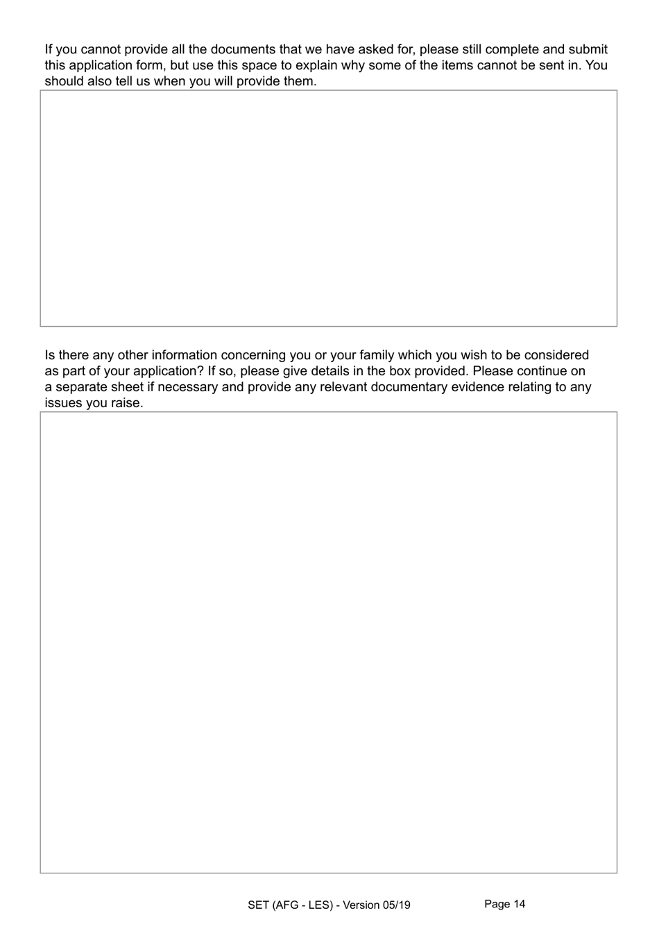 Form SET(AFG-LES) Application for Indefinite Leave to Remain (Settlement) in the UK by an Afghan National Who Relocated to the UK Under the Ex-gratia Scheme or Intimidation Policy and a Biometric Immigration Document - United Kingdom, Page 14