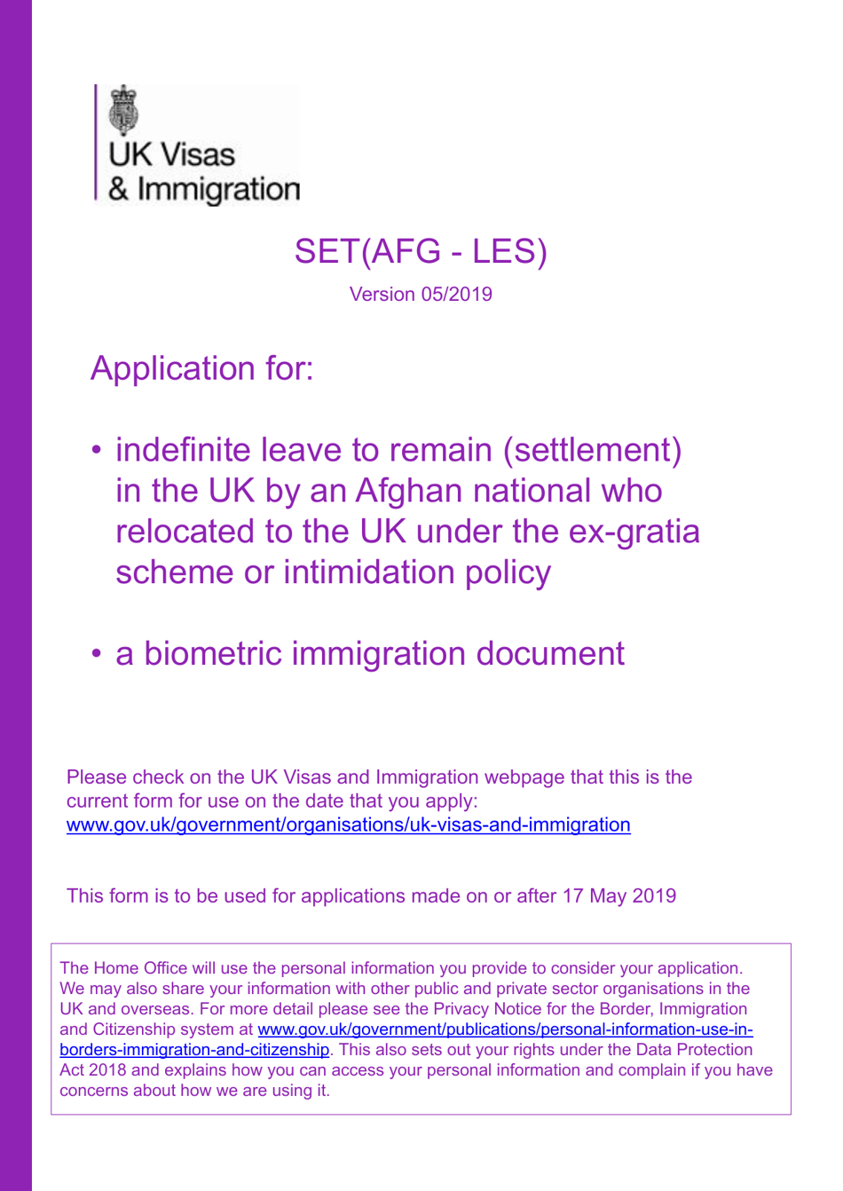 Form SET(AFG-LES) Application for Indefinite Leave to Remain (Settlement) in the UK by an Afghan National Who Relocated to the UK Under the Ex-gratia Scheme or Intimidation Policy and a Biometric Immigration Document - United Kingdom, Page 1