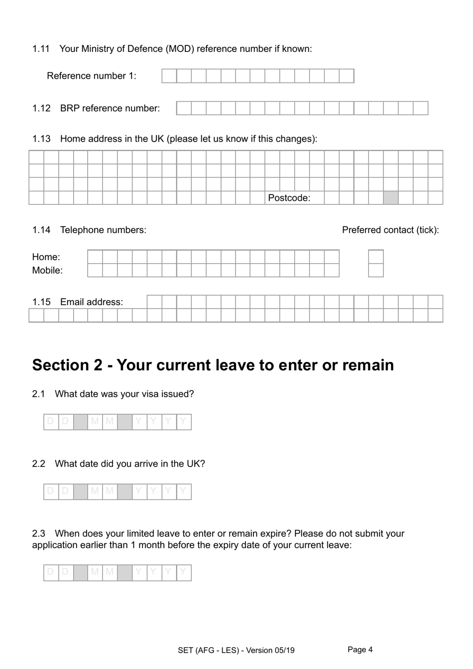 Form SET(AFG-LES) Application for Indefinite Leave to Remain (Settlement) in the UK by an Afghan National Who Relocated to the UK Under the Ex-gratia Scheme or Intimidation Policy and a Biometric Immigration Document - United Kingdom, Page 4