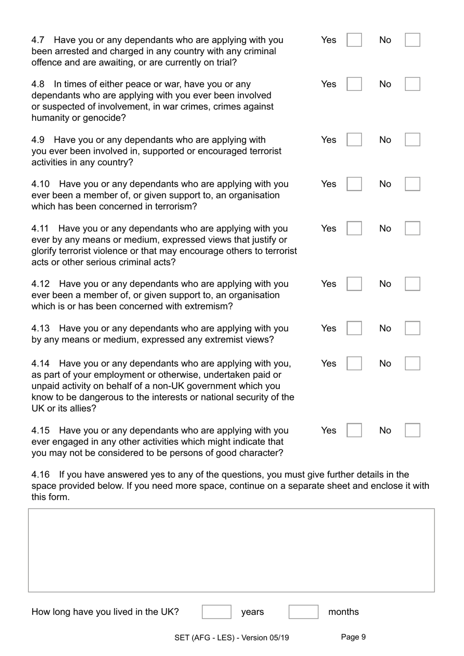 Form SET(AFG-LES) Application for Indefinite Leave to Remain (Settlement) in the UK by an Afghan National Who Relocated to the UK Under the Ex-gratia Scheme or Intimidation Policy and a Biometric Immigration Document - United Kingdom, Page 9