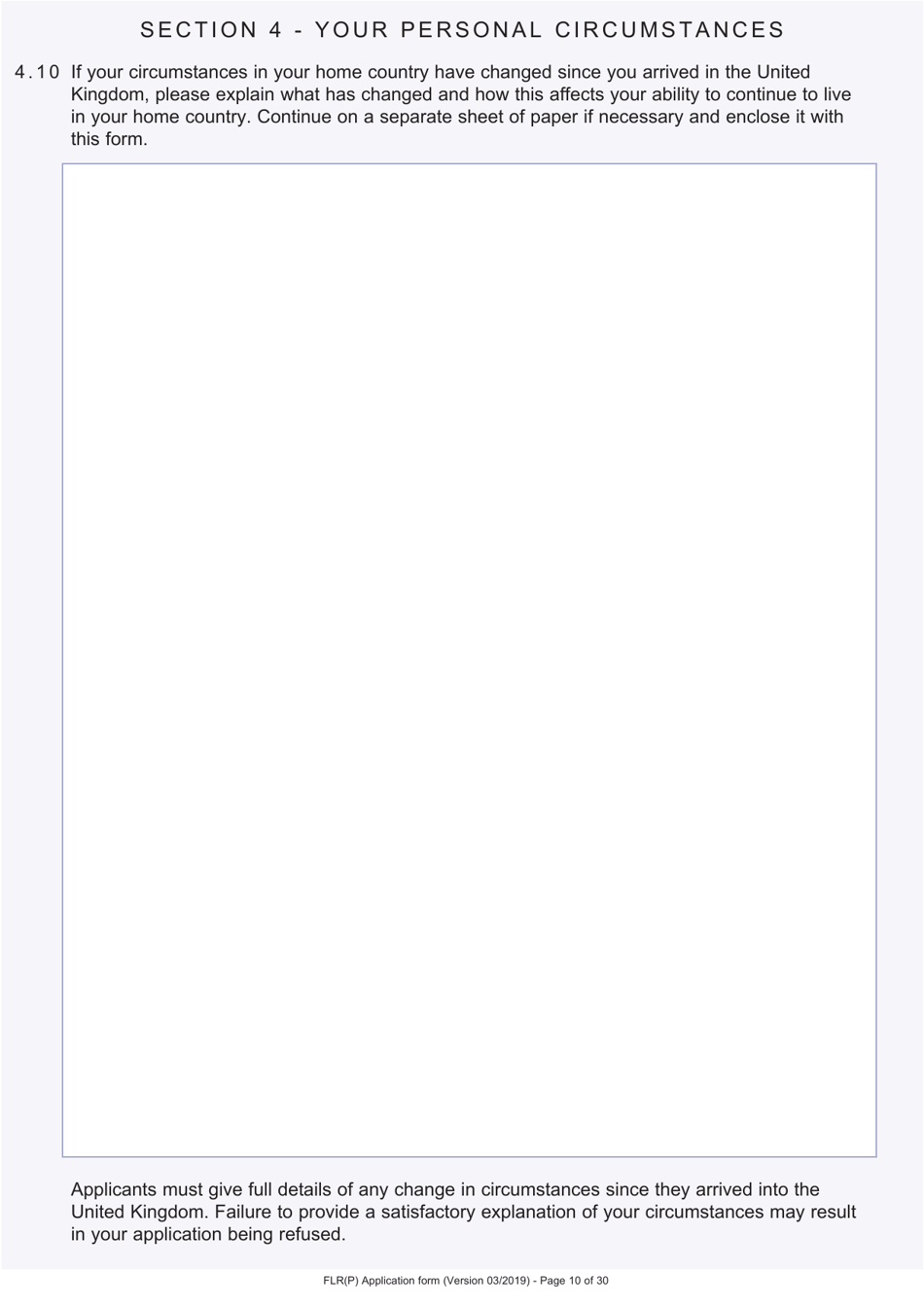 Form FLR (P) Application for an Extension of Stay in the UK as a Child Under the Age of 18 of a Relative With Limited Leave to Enter or Remain in the UK as a Refugee or Beneficiary of Humanitarian Protection and for a Biometric Immigration Document - United Kingdom, Page 10