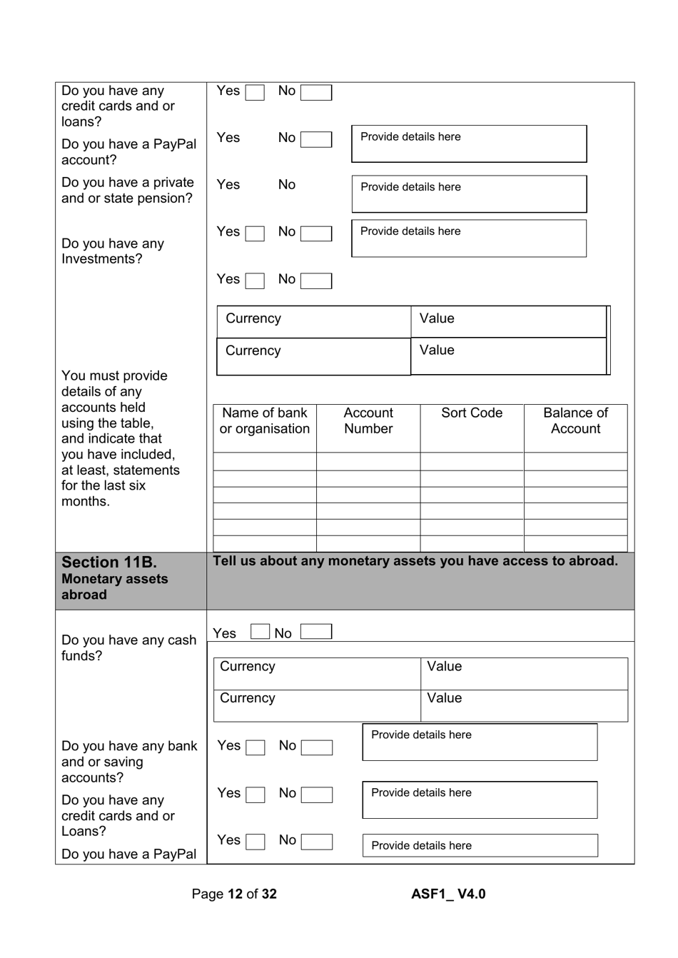 Form ASF1 Asylum Support Application Form - United Kingdom, Page 12