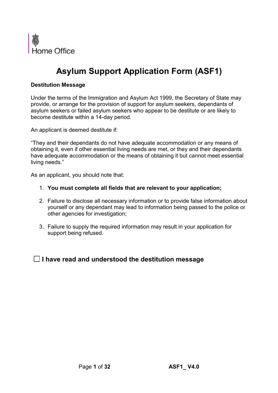 Form ASF1 Asylum Support Application Form - United Kingdom, Page 1