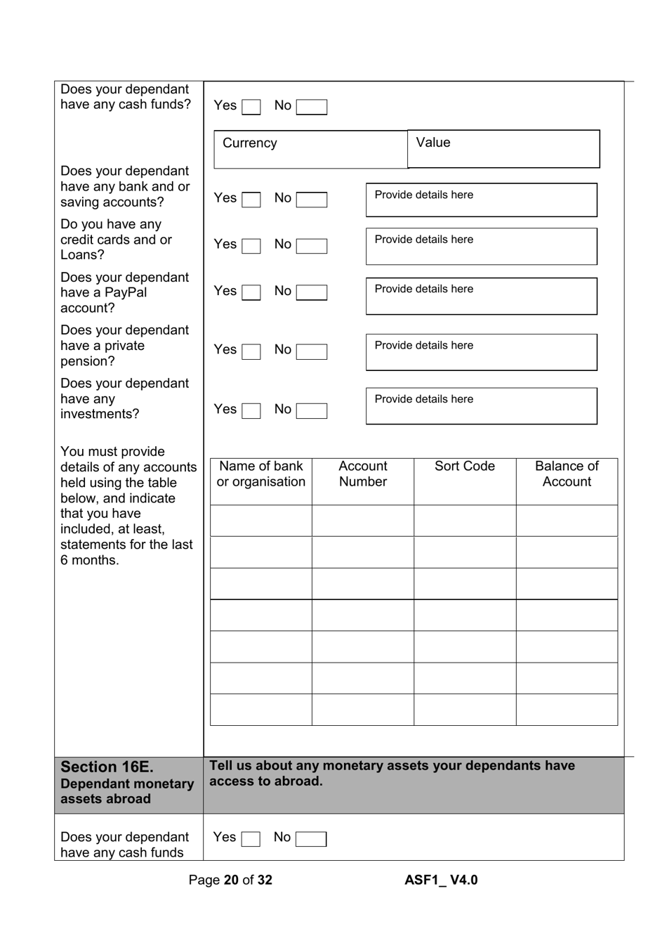 Form ASF1 Asylum Support Application Form - United Kingdom, Page 20