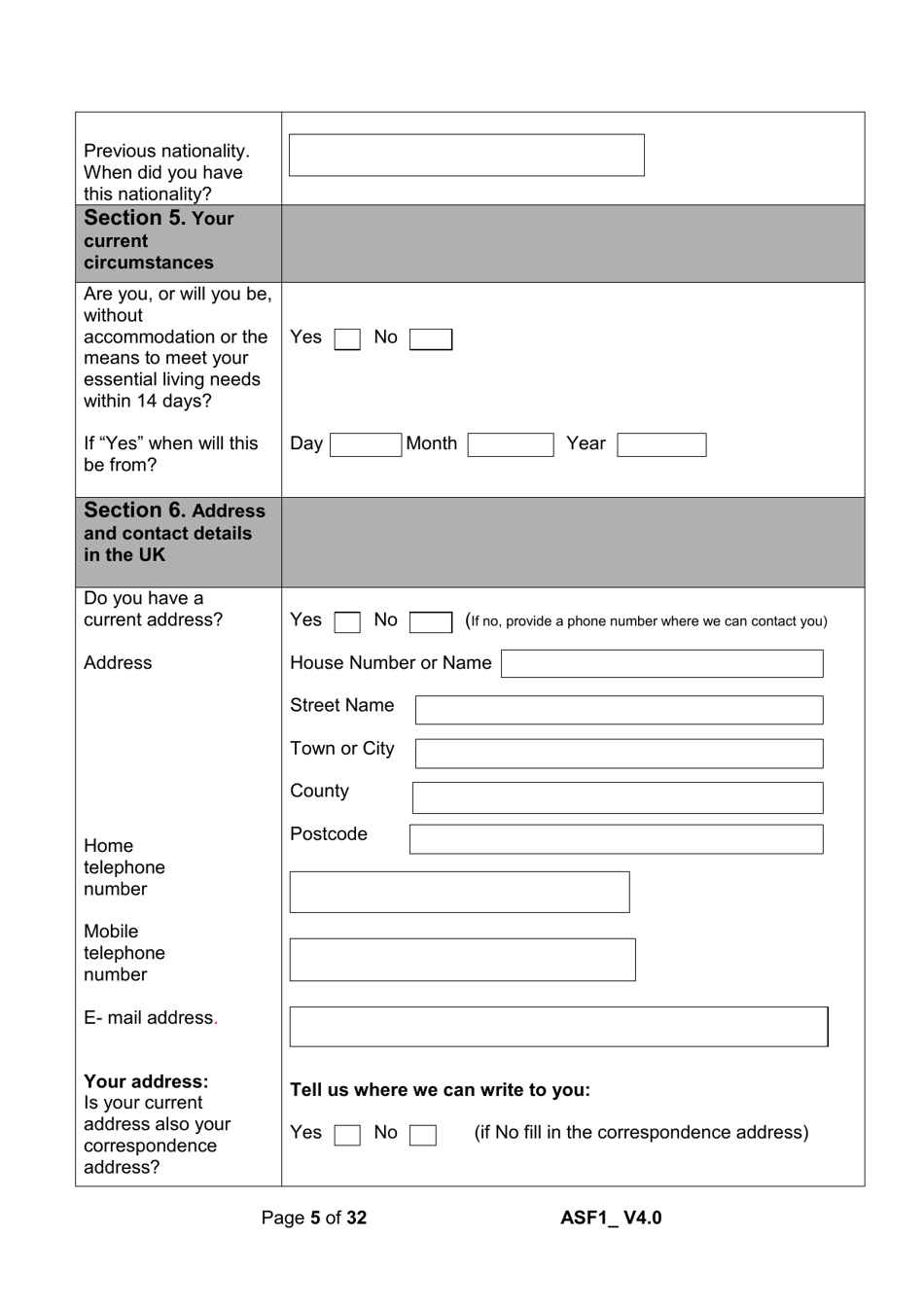 Form ASF1 Asylum Support Application Form - United Kingdom, Page 5