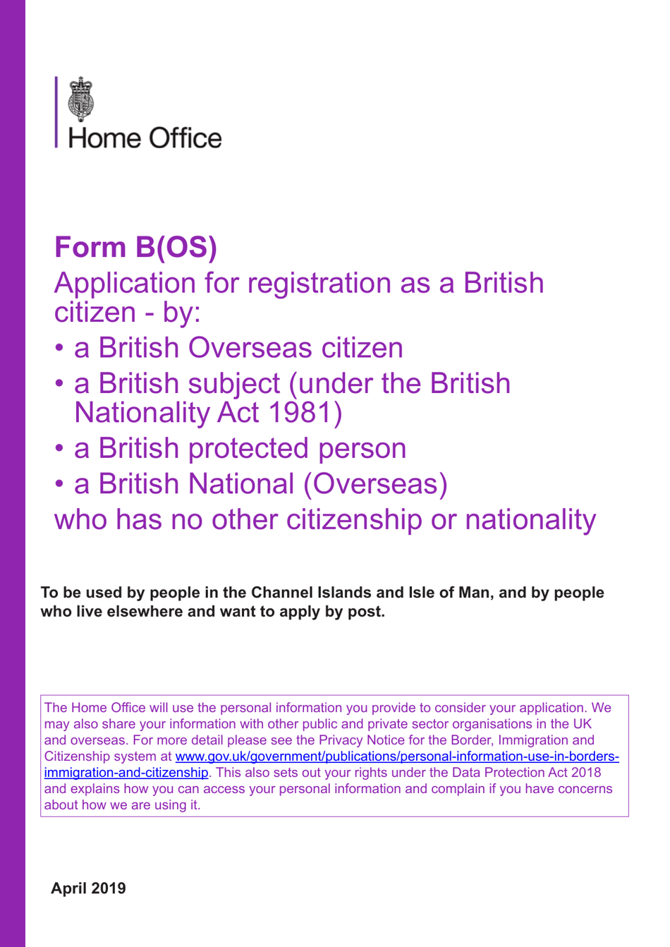 Form B(OS) Application for Registration as a British Citizen - United Kingdom, Page 1