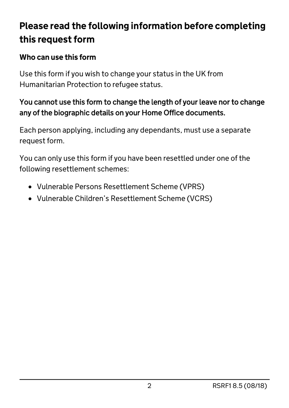 Form RSRF1 8.5 Request to Change Humanitarian Protection Status to Refugee Status - United Kingdom, Page 2