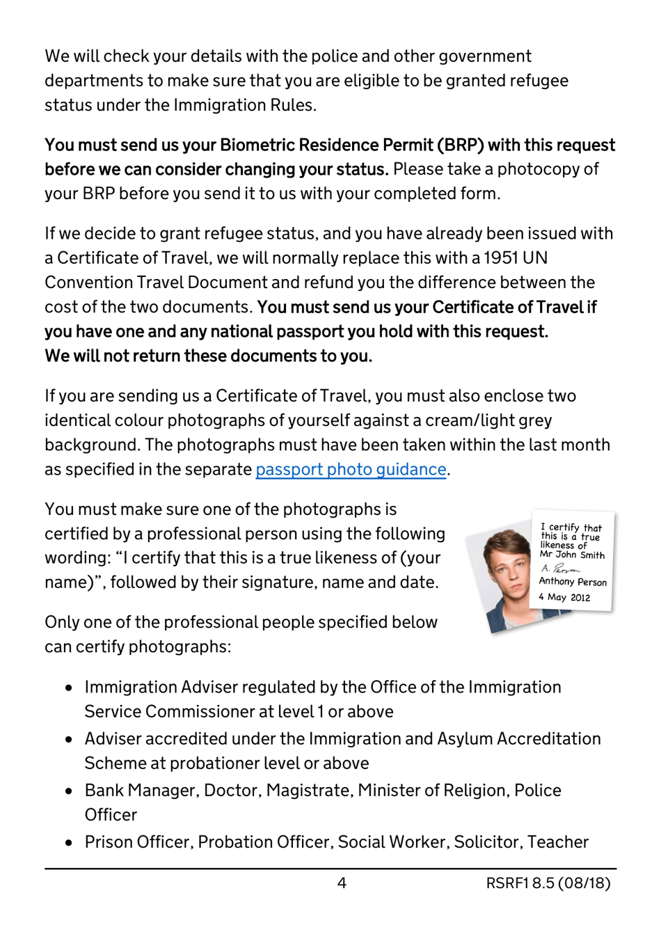 Form RSRF1 8.5 Request to Change Humanitarian Protection Status to Refugee Status - United Kingdom, Page 4