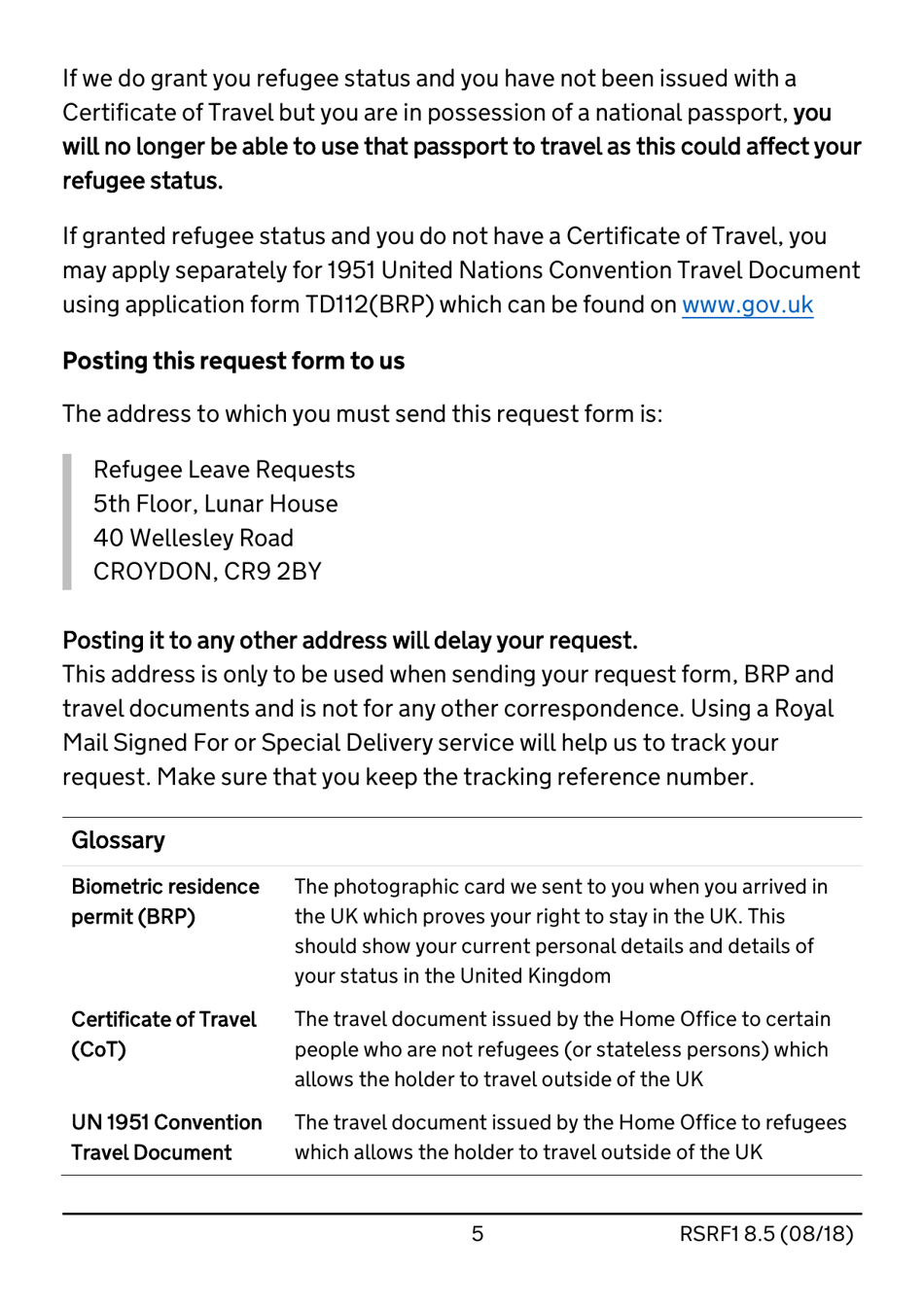 Form RSRF1 8.5 Request to Change Humanitarian Protection Status to Refugee Status - United Kingdom, Page 5