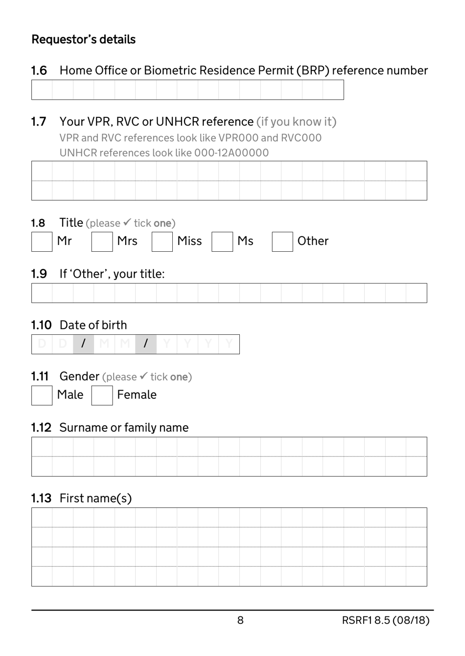 Form RSRF1 8.5 Request to Change Humanitarian Protection Status to Refugee Status - United Kingdom, Page 8